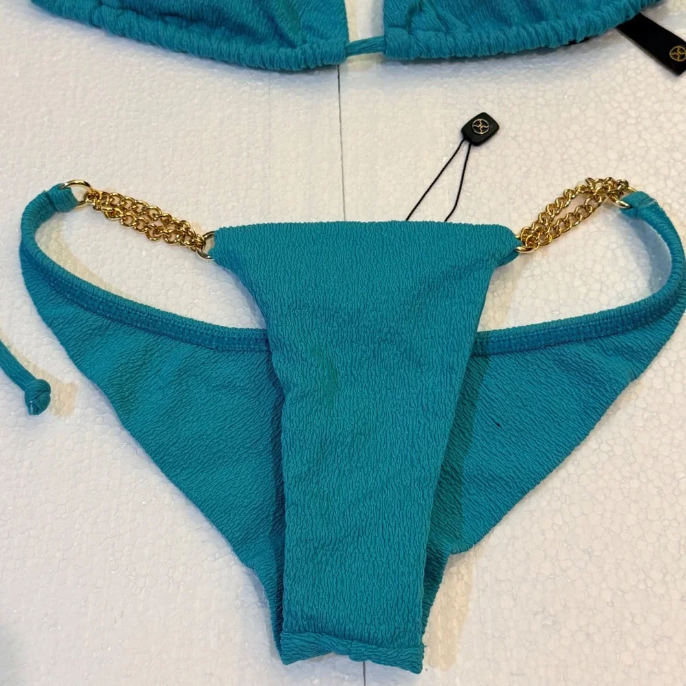 Vix Paula Hermanny Bikini Set S/XS Turquoise Gold Chain Textured Smocked Brazil